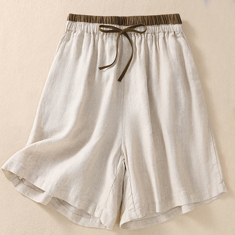 Buddha Stones Solid Color Contrast Color Waist Lace-up Cotton Linen Women's Shorts With Pockets - image 3