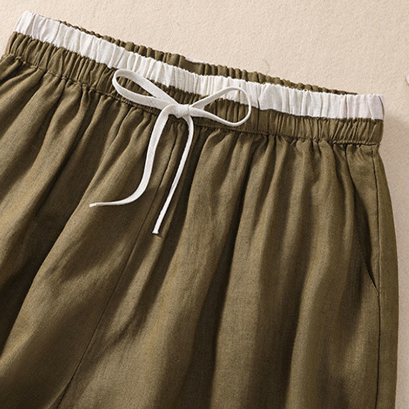 Buddha Stones Solid Color Contrast Color Waist Lace-up Cotton Linen Women's Shorts With Pockets - image 15