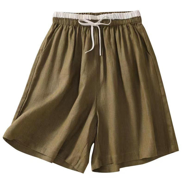 Buddha Stones Solid Color Contrast Color Waist Lace-up Cotton Linen Women's Shorts With Pockets - image 17