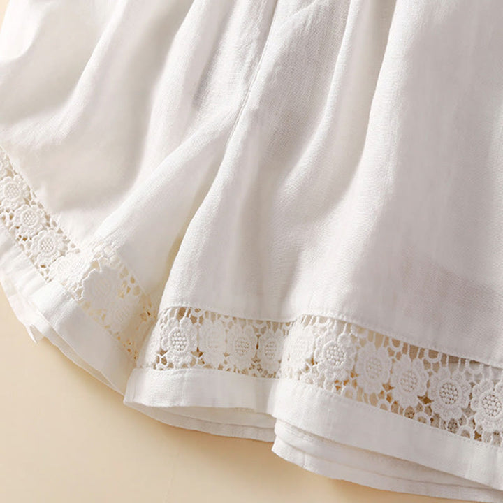 Buddha Stones Plain Color Bottom Hollow Lace Design Lace-up Cotton Women's Shorts With Pockets - image 14