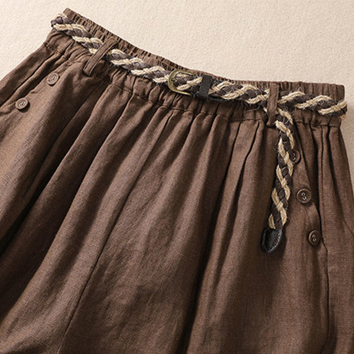 Buddha Stones Casual Solid Color Turn Up Cuff Belt Cotton Linen Women's Shorts With Pockets - image 13