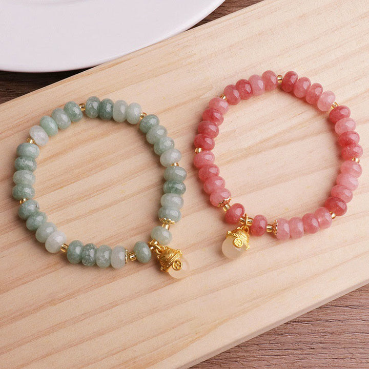 Buddha Stones Strawberry Quartz Cyan Jade Lucky Cat Beads Healing Bracelet - image 18