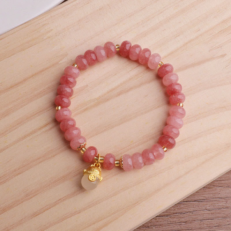 Buddha Stones Strawberry Quartz Cyan Jade Lucky Cat Beads Healing Bracelet - image 7