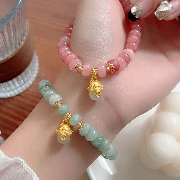 Buddha Stones Strawberry Quartz Cyan Jade Lucky Cat Beads Healing Bracelet - image 17