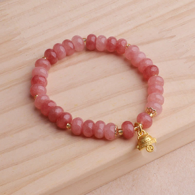 Buddha Stones Strawberry Quartz Cyan Jade Lucky Cat Beads Healing Bracelet - image 6