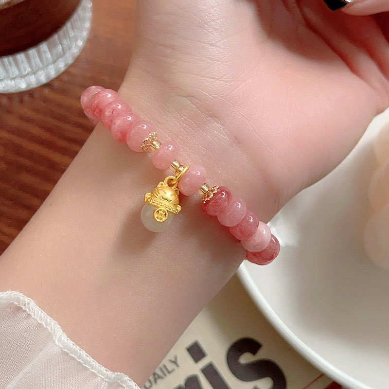 Buddha Stones Strawberry Quartz Cyan Jade Lucky Cat Beads Healing Bracelet - image 8