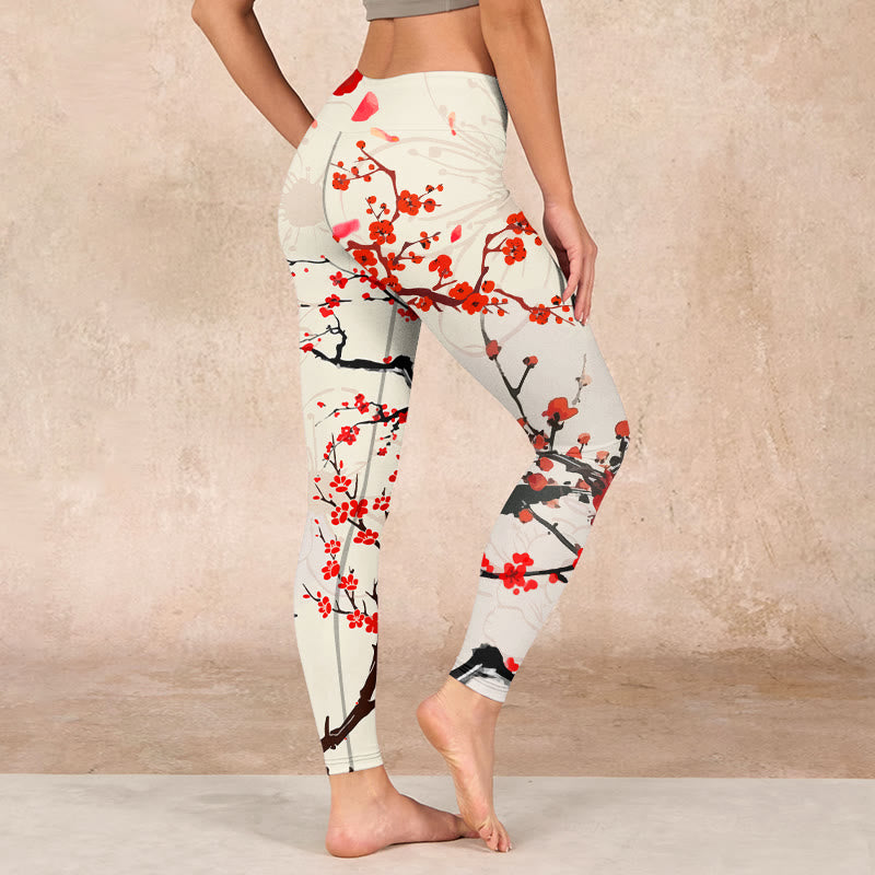 Buddha Stones Blooming Red Plum Blossoms Print Gym Leggings Women's Yoga Pants - image 2
