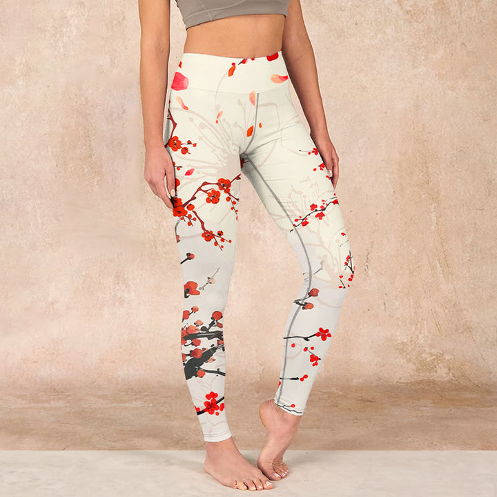 Buddha Stones Blooming Red Plum Blossoms Print Gym Leggings Women's Yoga Pants - Beige - US18，UK/AU22，EU50 (4XL) - image 0