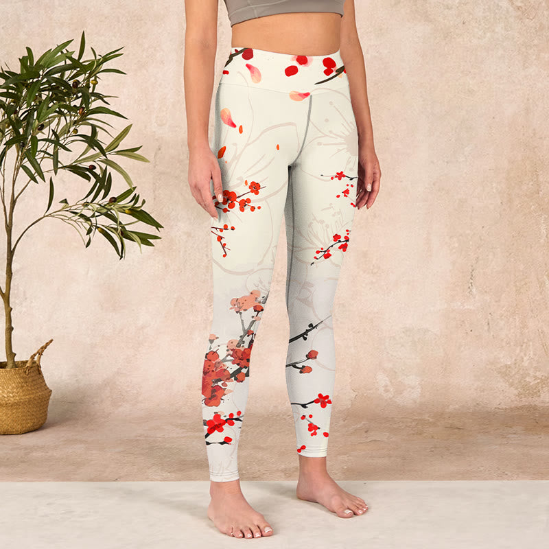 Buddha Stones Blooming Red Plum Blossoms Print Gym Leggings Women's Yoga Pants - image 3