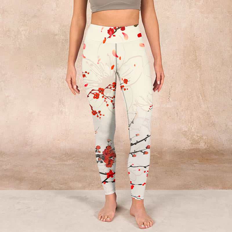 Buddha Stones Blooming Red Plum Blossoms Print Gym Leggings Women's Yoga Pants - image 1