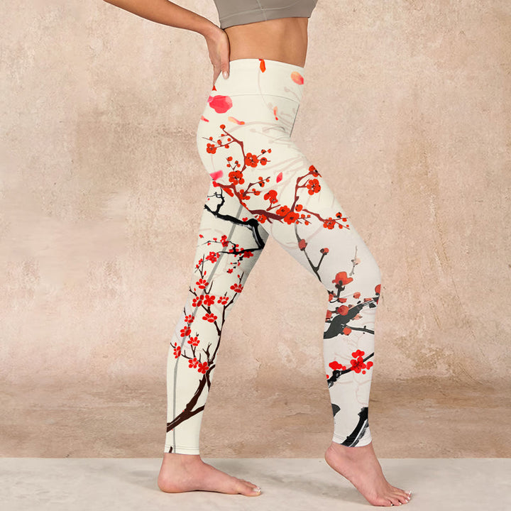 Buddha Stones Blooming Red Plum Blossoms Print Gym Leggings Women's Yoga Pants - image 16