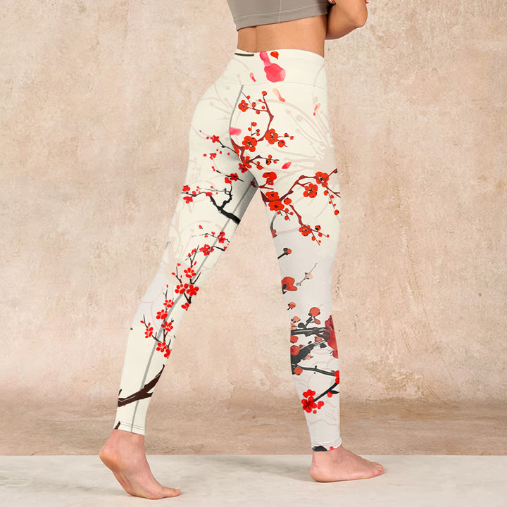 Buddha Stones Blooming Red Plum Blossoms Print Gym Leggings Women's Yoga Pants - image 4