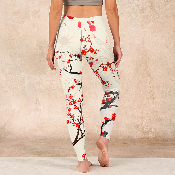 Buddha Stones Blooming Red Plum Blossoms Print Gym Leggings Women's Yoga Pants - image 14