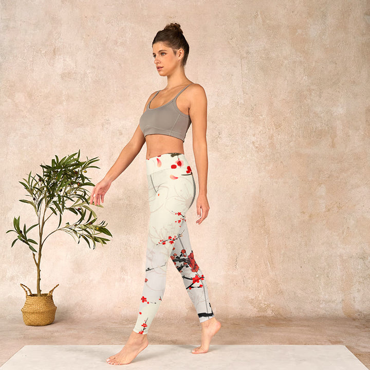 Buddha Stones Blooming Red Plum Blossoms Print Gym Leggings Women's Yoga Pants - image 12