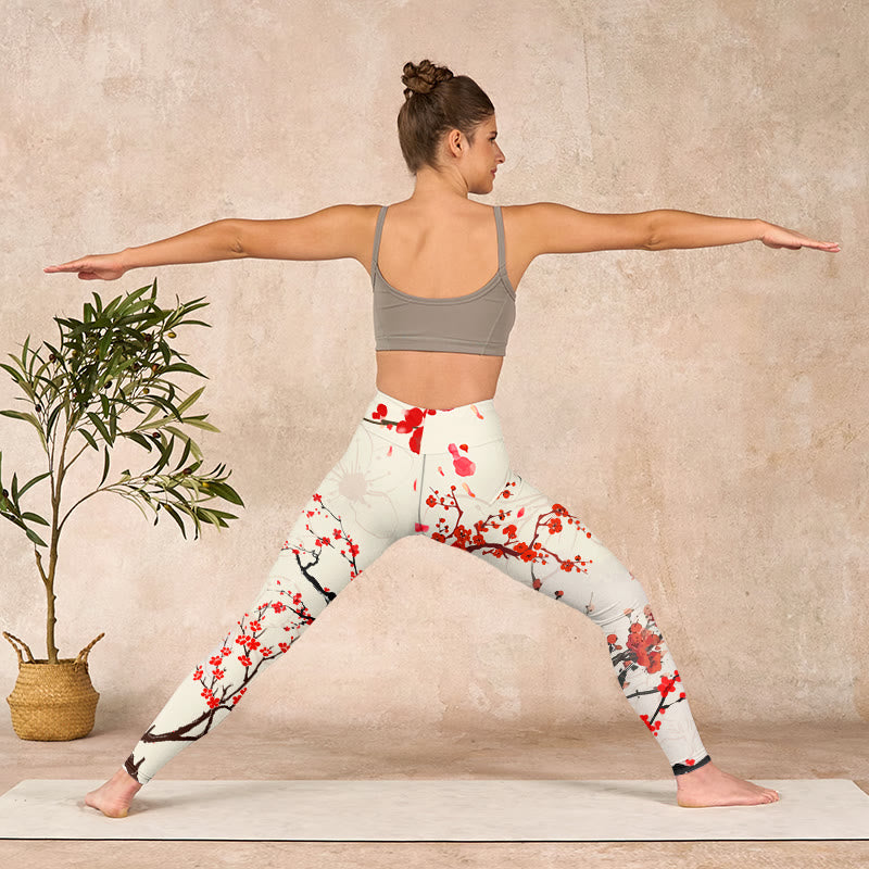 Buddha Stones Blooming Red Plum Blossoms Print Gym Leggings Women's Yoga Pants - image 10