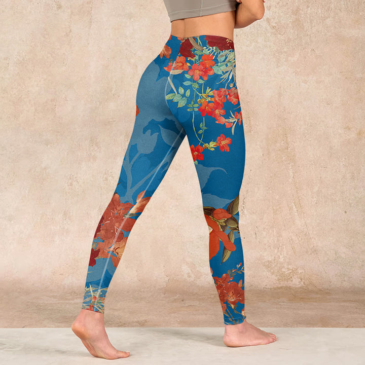 Buddha Stones Blue Red Flowers Birds Print Gym Leggings Women's Yoga Pants - image 4