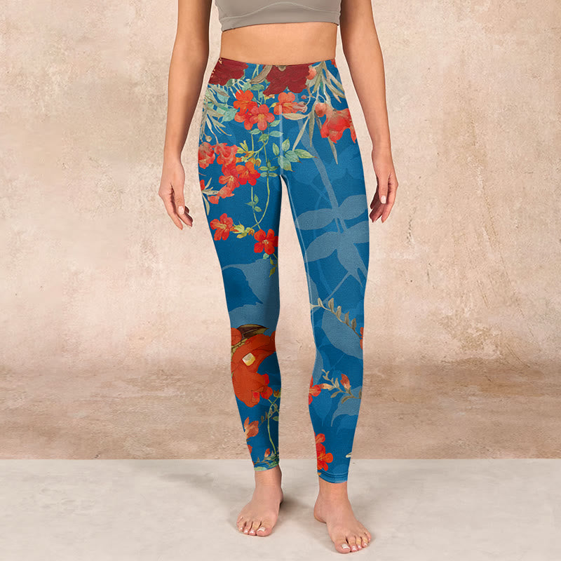 Buddha Stones Blue Red Flowers Birds Print Gym Leggings Women's Yoga Pants - image 1