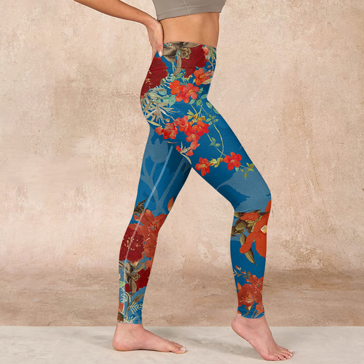 Buddha Stones Blue Red Flowers Birds Print Gym Leggings Women's Yoga Pants - image 16