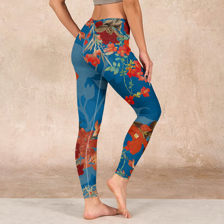 Buddha Stones Blue Red Flowers Birds Print Gym Leggings Women's Yoga Pants - image 2