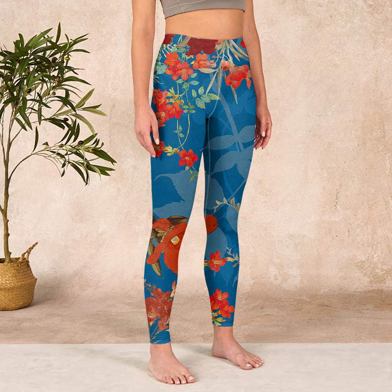 Buddha Stones Blue Red Flowers Birds Print Gym Leggings Women's Yoga Pants - image 3