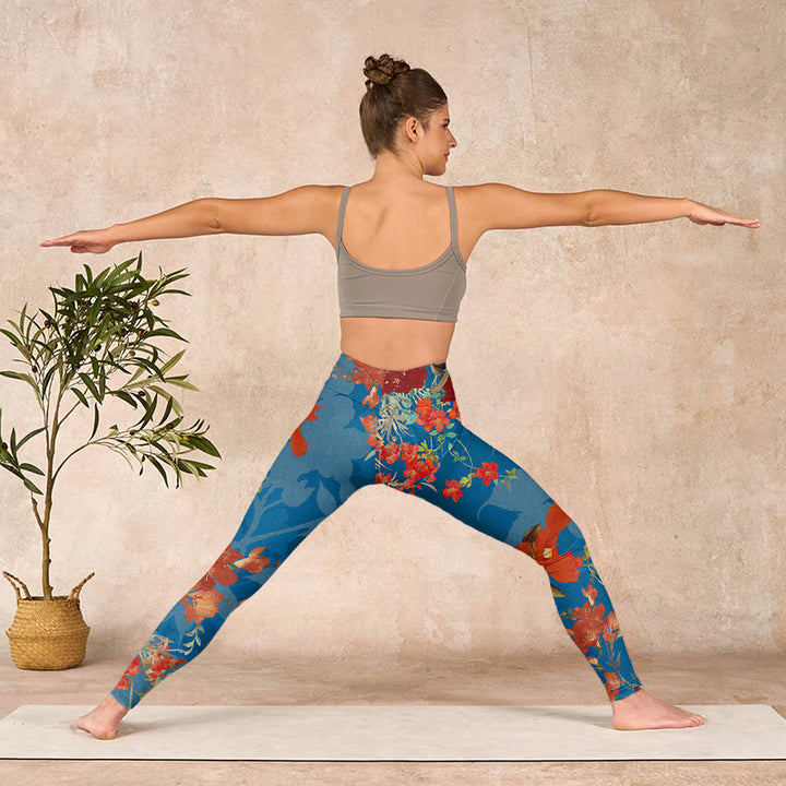 Buddha Stones Blue Red Flowers Birds Print Gym Leggings Women's Yoga Pants - image 10
