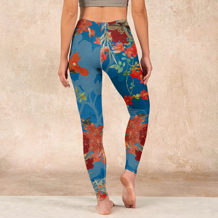 Buddha Stones Blue Red Flowers Birds Print Gym Leggings Women's Yoga Pants - image 14