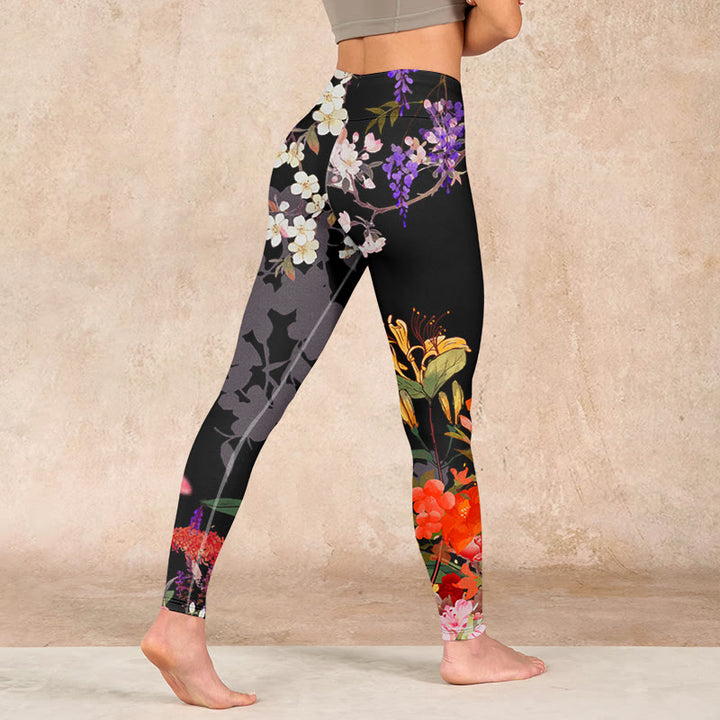 Buddha Stones Black Colorful Flowers Print Gym Leggings Women's Yoga Pants - image 4