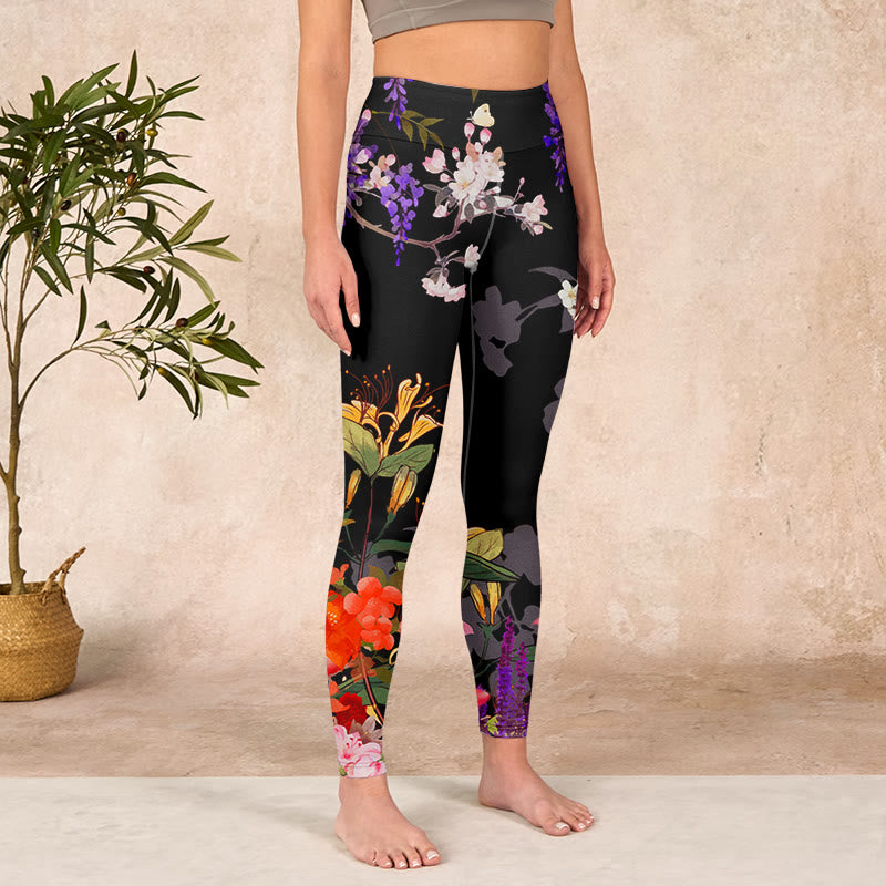 Buddha Stones Black Colorful Flowers Print Gym Leggings Women's Yoga Pants - image 3