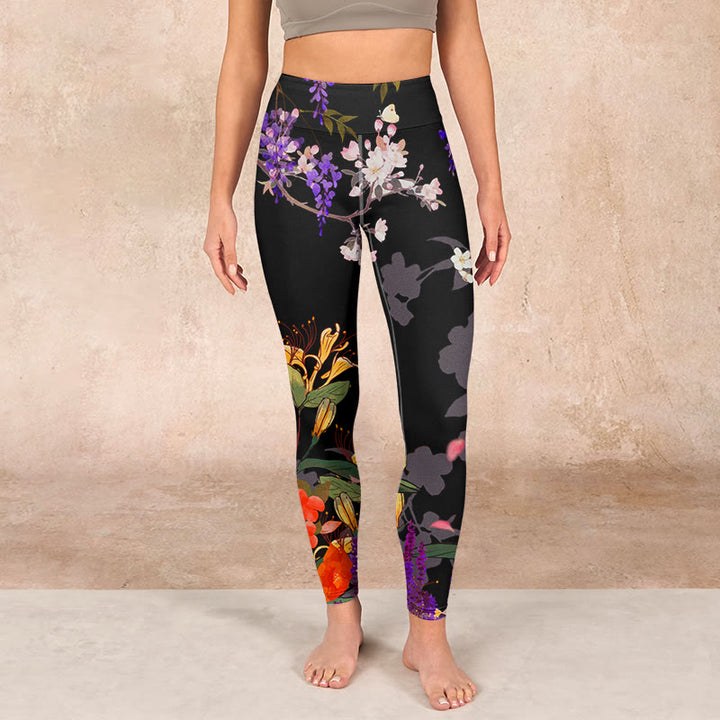 Buddha Stones Black Colorful Flowers Print Gym Leggings Women's Yoga Pants - image 1