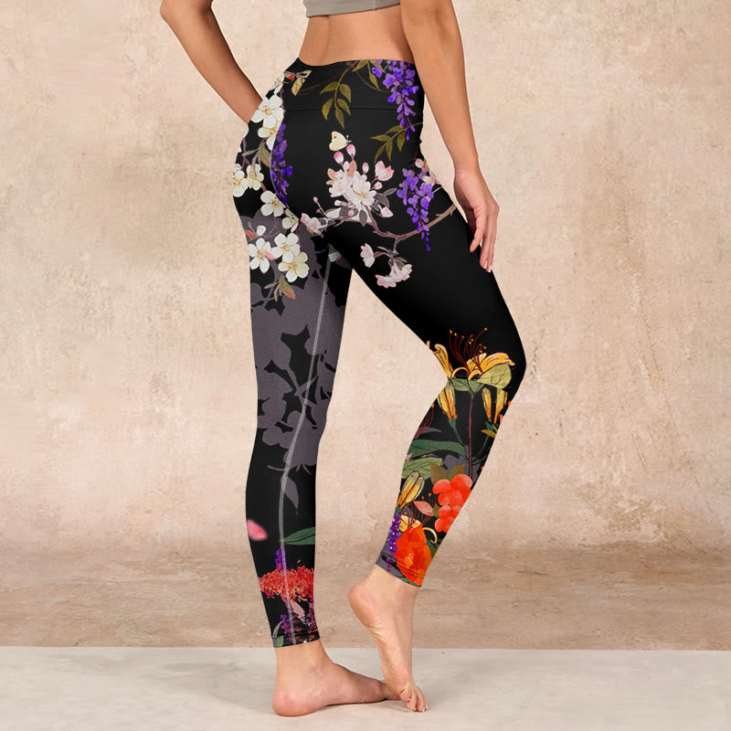 Buddha Stones Black Colorful Flowers Print Gym Leggings Women's Yoga Pants - image 2