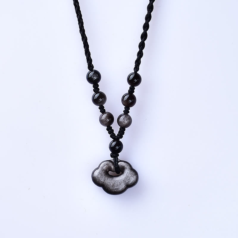 Buddha Stones Natural Silver Sheen Obsidian Auspicious Clouds Protection Soothing Necklace Pendant - image 2