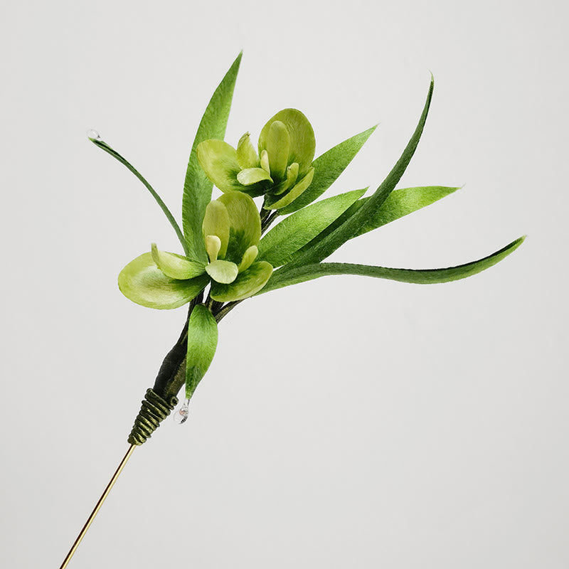 Buddha Stones Handmade Velvet Flower Mulberry Silk Green Flowers Leaves Brooch Hairpin - image 1