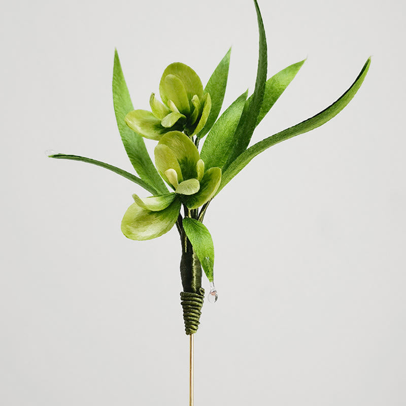 Buddha Stones Handmade Velvet Flower Mulberry Silk Green Flowers Leaves Brooch Hairpin - image 2