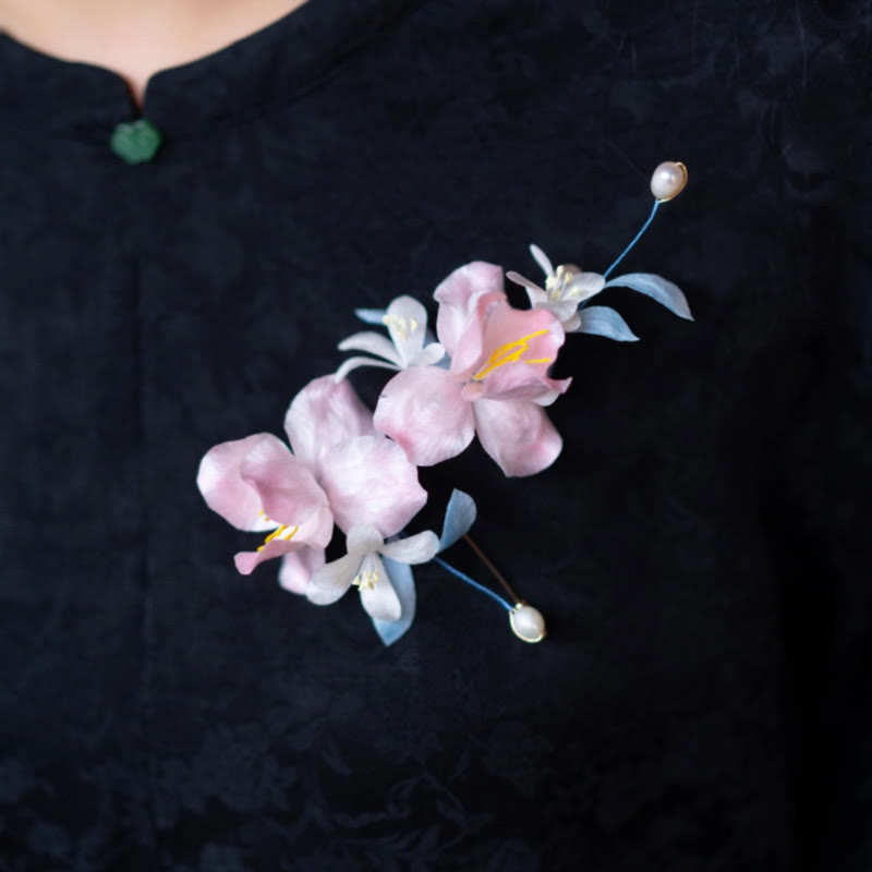 Buddha Stones Handmade Velvet Flower Mulberry Silk Pink Iris Vine Brooch Hairpin - Brooch - image 0