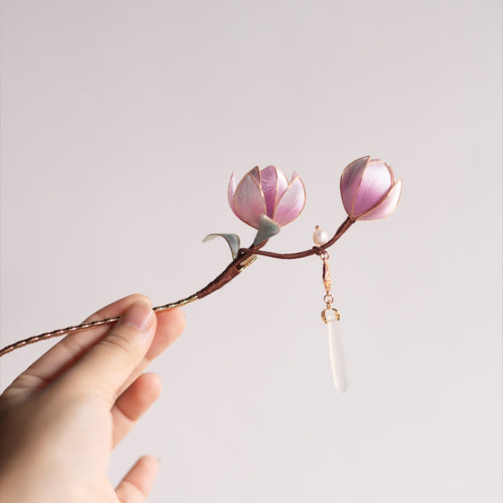 Buddha Stones Handmade Yangzhou Velvet Flower Mulberry Silk Purple Magnolia Brooch Hairpin - Hairpin - image 5
