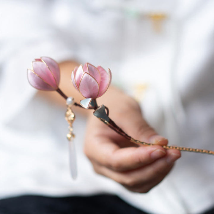 Buddha Stones Handmade Yangzhou Velvet Flower Mulberry Silk Purple Magnolia Brooch Hairpin - image 6