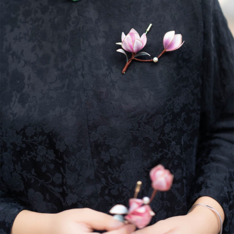 Buddha Stones Handmade Yangzhou Velvet Flower Mulberry Silk Purple Magnolia Brooch Hairpin - image 2