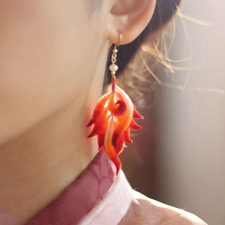 Buddha Stones 14K Gold-plated Copper Handmade Velvet Flower Mulberry Silk Red Feather Drop Earrings - Red Feather - image 0