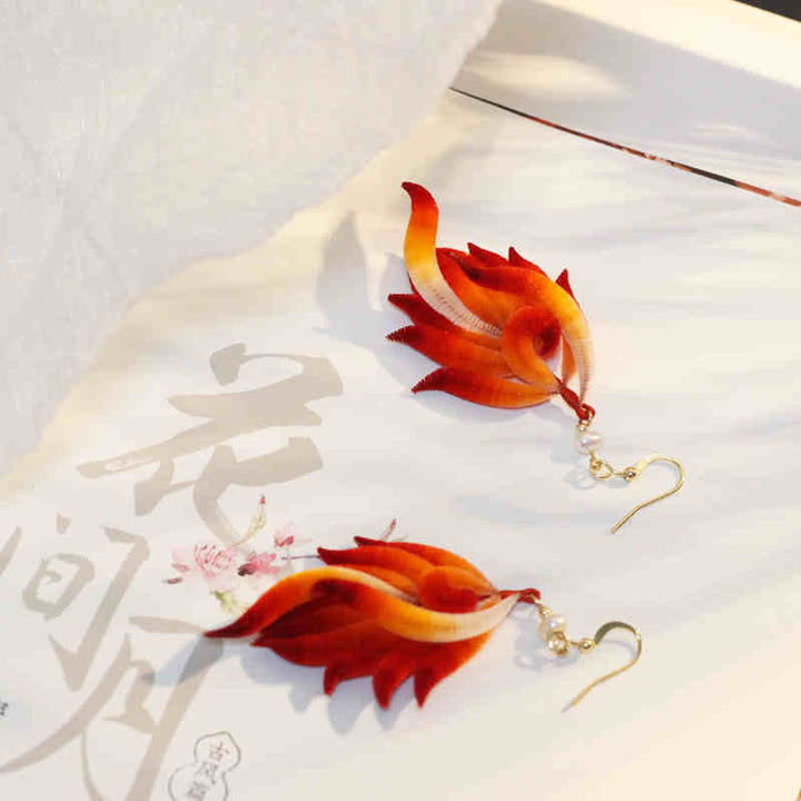 Buddha Stones 14K Gold-plated Copper Handmade Velvet Flower Mulberry Silk Red Feather Drop Earrings - image 1