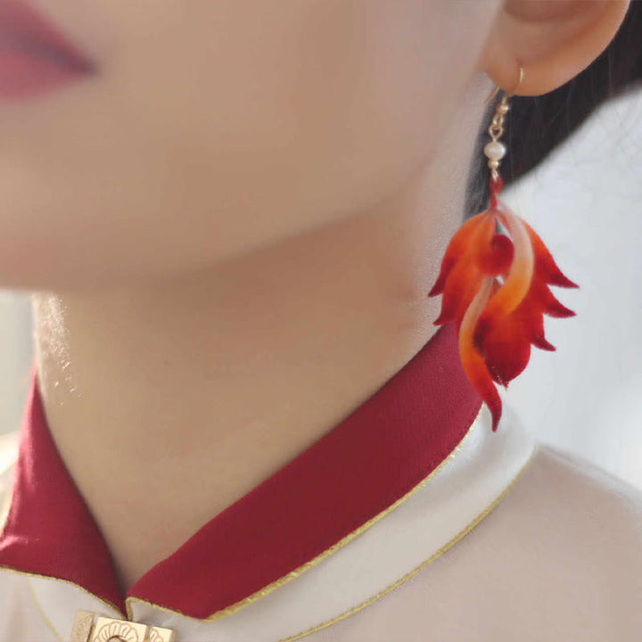 Buddha Stones 14K Gold-plated Copper Handmade Velvet Flower Mulberry Silk Red Feather Drop Earrings - image 7