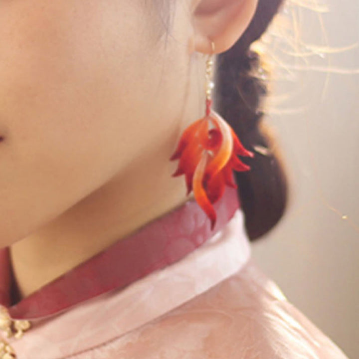 Buddha Stones 14K Gold-plated Copper Handmade Velvet Flower Mulberry Silk Red Feather Drop Earrings - image 9