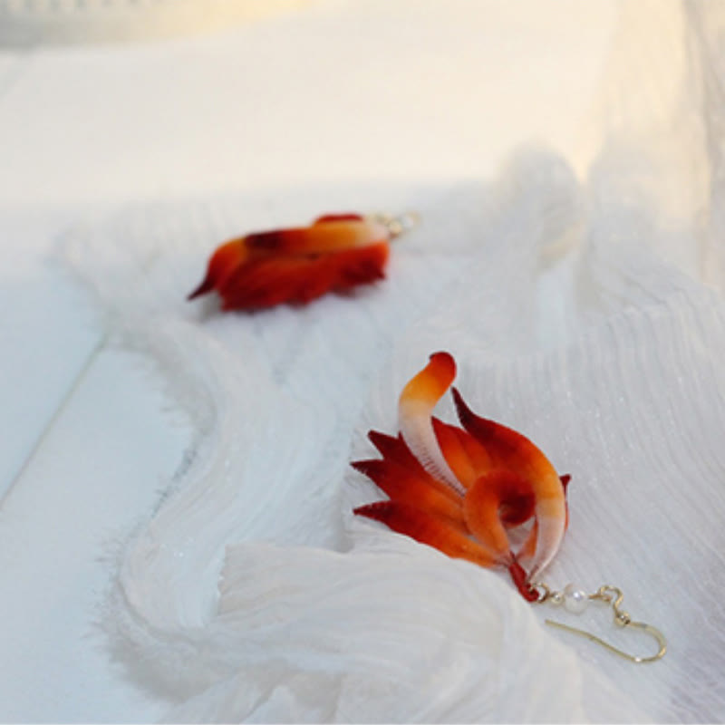 Buddha Stones 14K Gold-plated Copper Handmade Velvet Flower Mulberry Silk Red Feather Drop Earrings - image 2