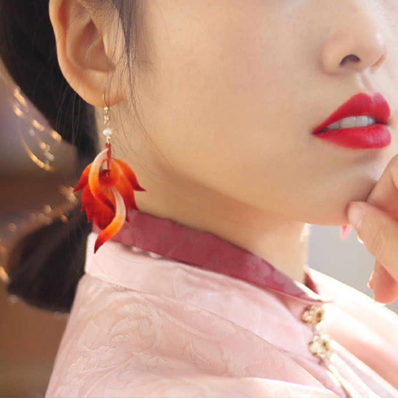 Buddha Stones 14K Gold-plated Copper Handmade Velvet Flower Mulberry Silk Red Feather Drop Earrings - image 6