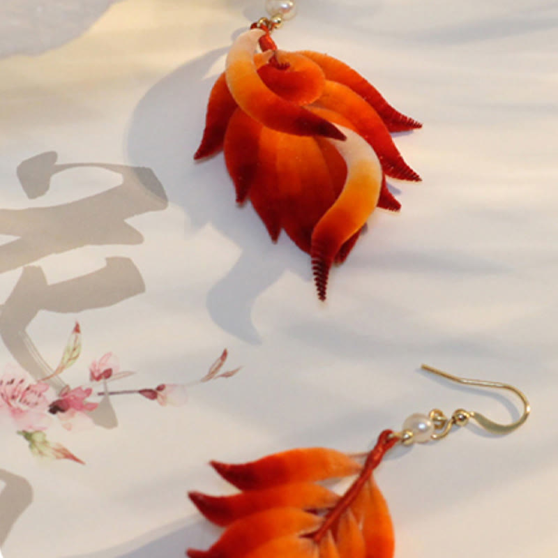 Buddha Stones 14K Gold-plated Copper Handmade Velvet Flower Mulberry Silk Red Feather Drop Earrings - image 3