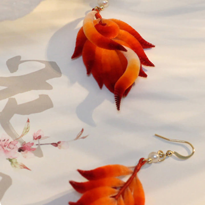 Buddha Stones 14K Gold-plated Copper Handmade Velvet Flower Mulberry Silk Red Feather Drop Earrings - image 3