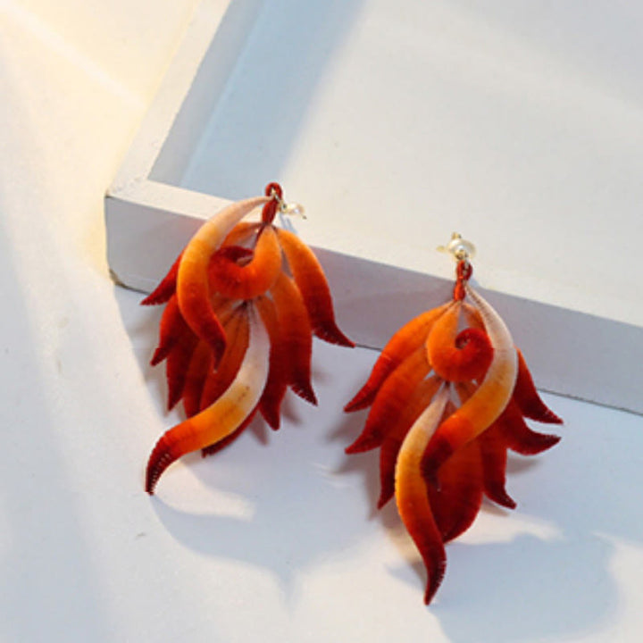 Buddha Stones 14K Gold-plated Copper Handmade Velvet Flower Mulberry Silk Red Feather Drop Earrings - image 4