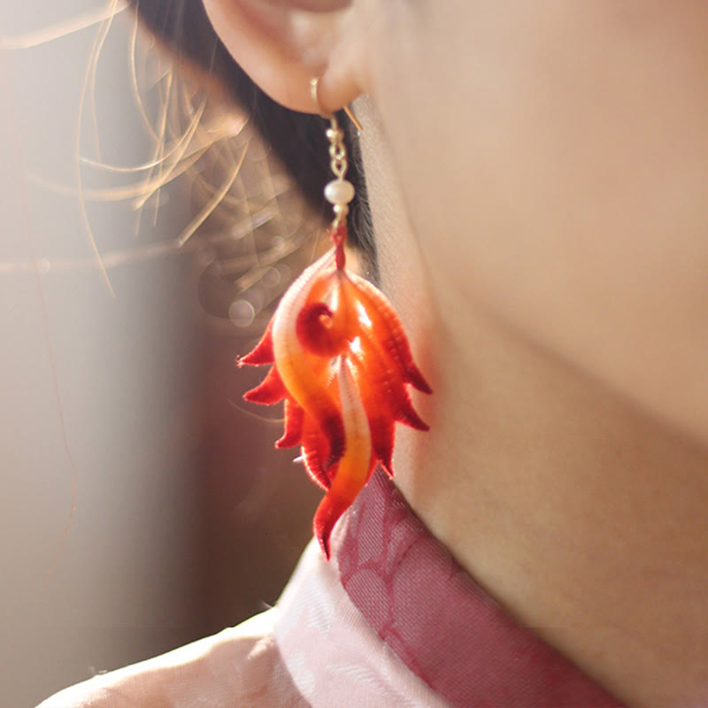 Buddha Stones 14K Gold-plated Copper Handmade Velvet Flower Mulberry Silk Red Feather Drop Earrings - image 8