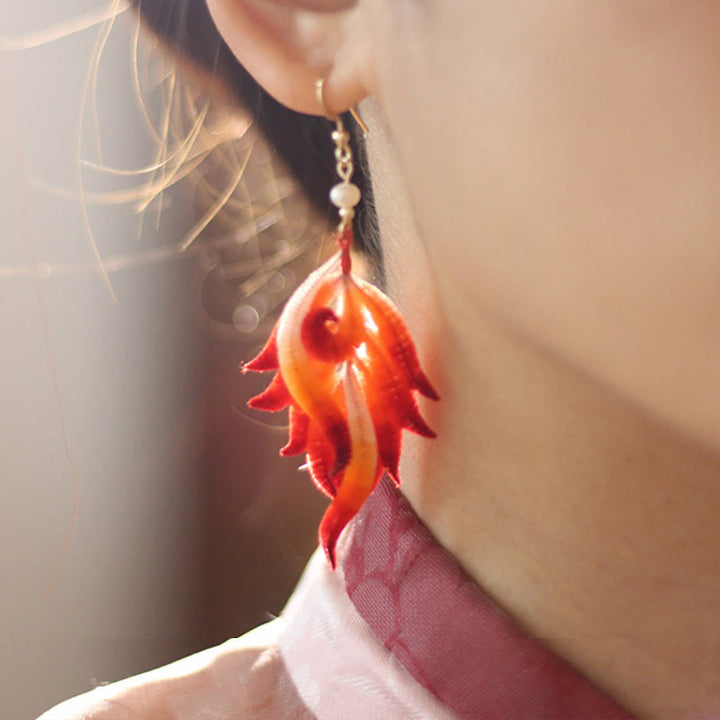 Buddha Stones 14K Gold-plated Copper Handmade Velvet Flower Mulberry Silk Red Feather Drop Earrings - image 8