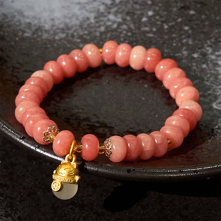 Buddha Stones Strawberry Quartz Cyan Jade Lucky Cat Beads Healing Bracelet - image 4