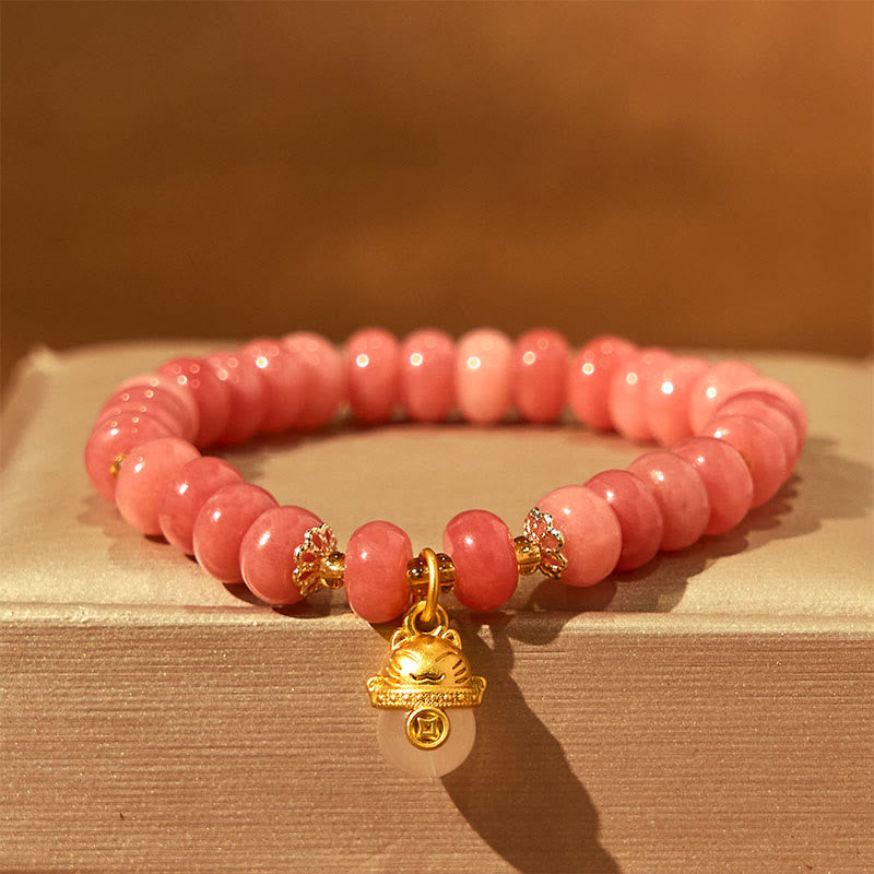 Buddha Stones Strawberry Quartz Cyan Jade Lucky Cat Beads Healing Bracelet - Strawberry Quartz (Wrist Circumference: 15-16cm) - image 0